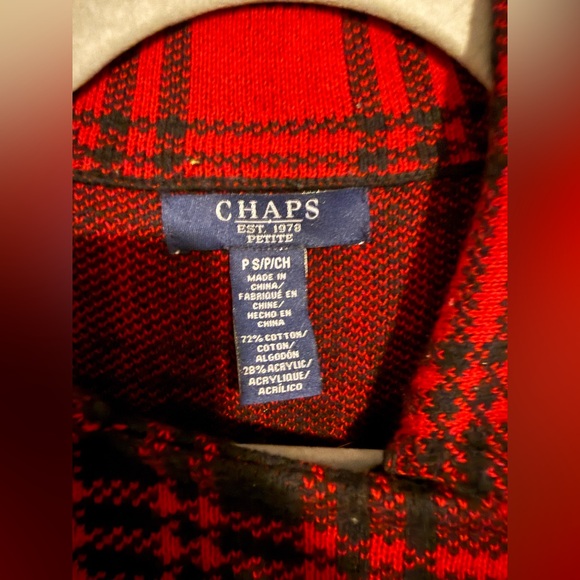Chaps Red Black zip up sweater warm layer winter plaid print old money sz Small - Picture 2 of 6
